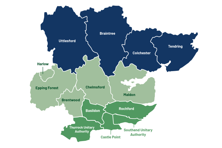 A map showing a proposed division of Greater Essex into three unitary authorities (UAs). The first UA includes Uttlesford, Braintree, Colchester and Tendring. The second UA comprises Epping Forest, Harlow, Chelmsford, Brentwood and Maldon. The third UA includes Basildon, Rochford, Castle Point, Thurrock UA and Southend UA.