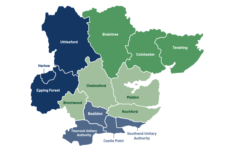 Map showing Greater Essex divided into four unitary authorities: one, Rochford, Chelmsford, Brentwood and Maldon. Two: Braintree, Colchester and Tendring. Three: Thurrock, Basildon, Castle Point and Southend. Four: Epping Forest, Harlow and Uttlesford.