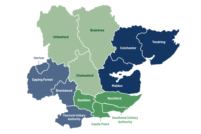 Map showing Greater Essex divided into four unitary authorities: one, Uttlesford, Chelmsford, and Braintree. Two: Colchester, Tendring and Maldon. Three: Basildon, Rochford, Castle Point and Southend. Four: Epping Forest, Harlow, Brentwood and Thurrock