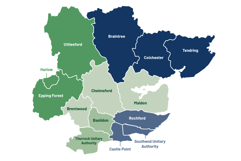 Map showing Greater Essex divided into five unitary authorities: one, Epping Forest, Harlow and Uttlesford. two: Braintree, Colchester and Tendring. Three: Chelmsford, Brentwood and Maldon. Four: Basildon and Thurrock UA. Five: Rochford, Castle Point and Southend UA.